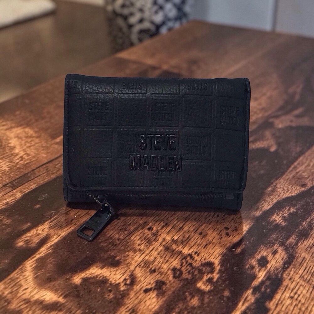 Steve Madden Wallet, Black Leather, Bifold,W Coin Purse, Goth, Read,